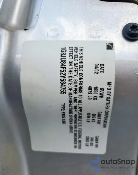 2002 Saturn Lw200 from USA, damaged, VIN 1G8JU84F52Y584755